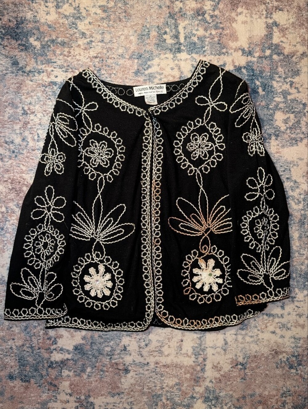 Lauren Michelle Black Embroidered Open-Front Women's Top